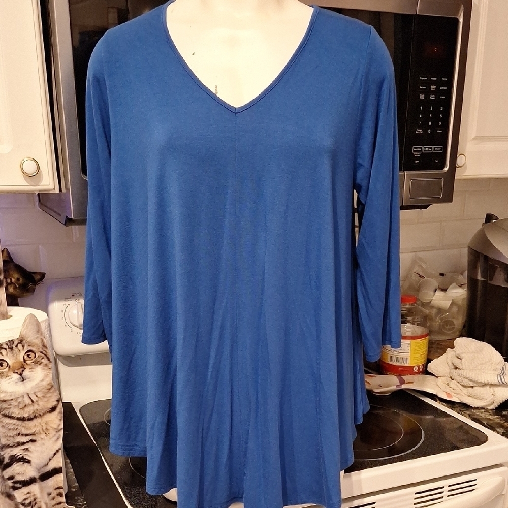 f Green Envelope Blue Stretch 3/4 Sleeve Plus Size Top 1X